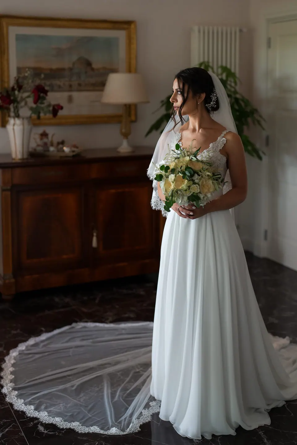 Bride holding her bouquet in the villa room, her lace-edged veil spread around her.