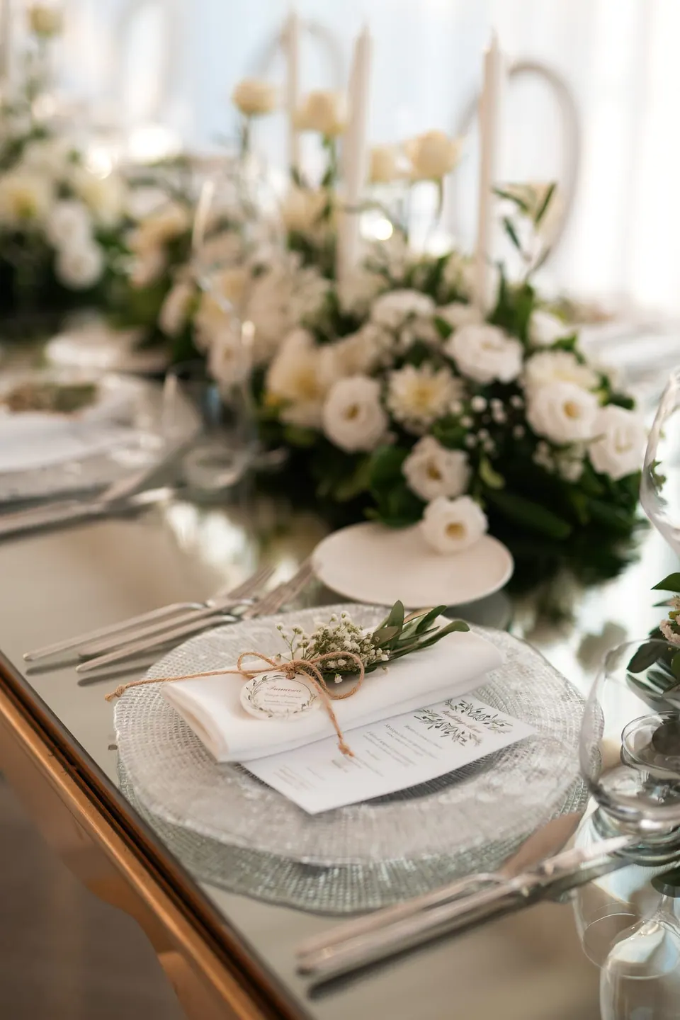 Dinner table with white flowers and candles at Villa Angelina.