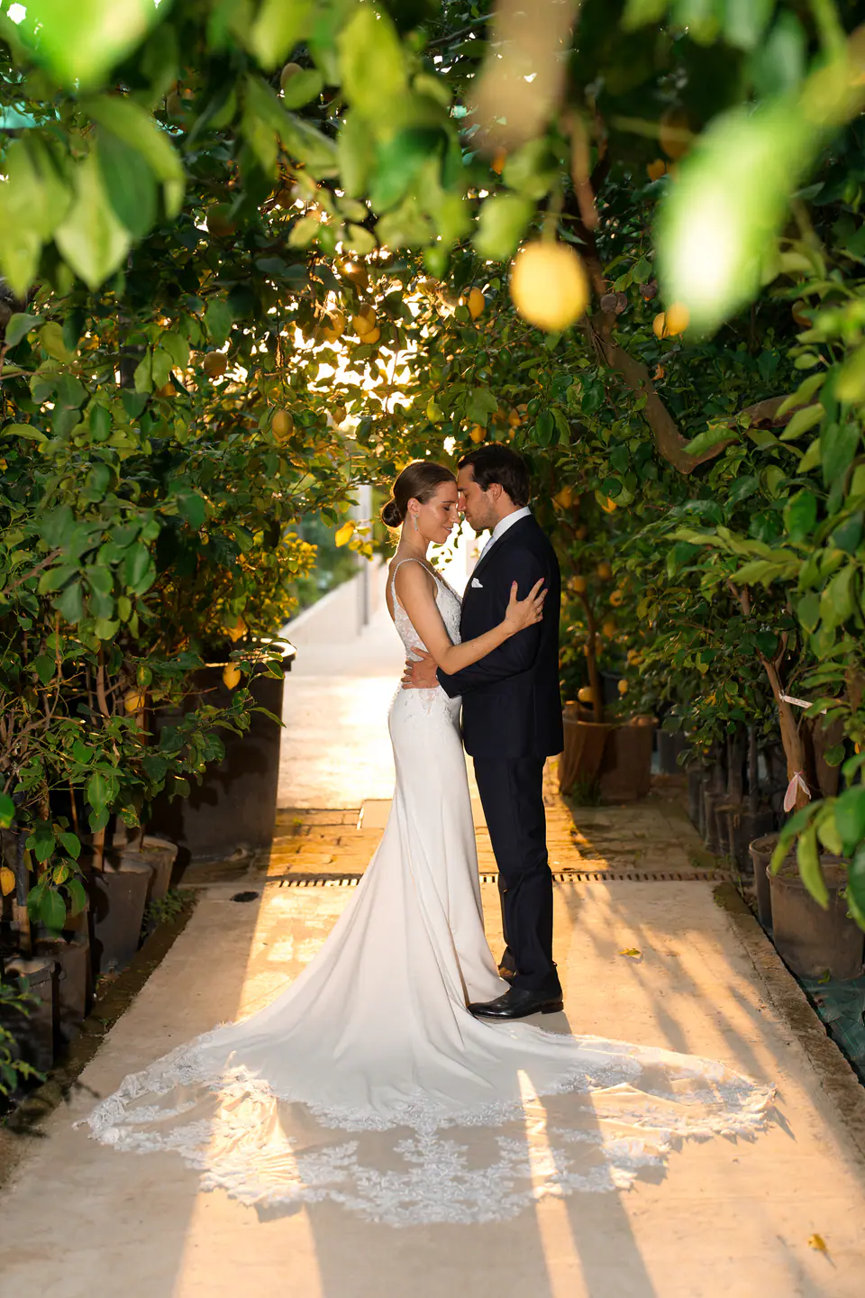 Couple embracing under a lemon pergola, the sunset light behind them.