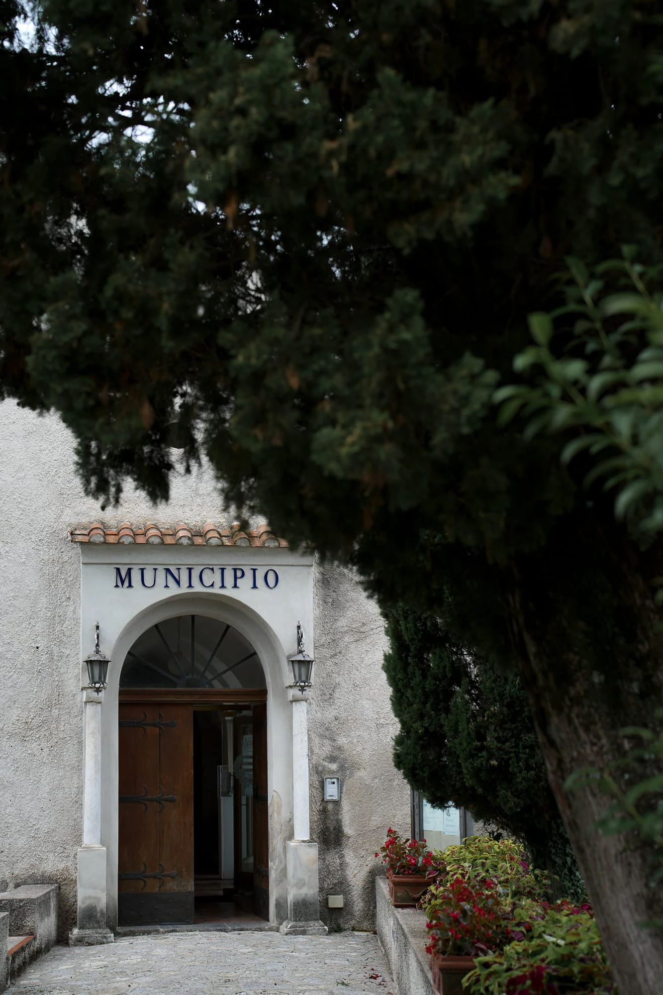 L'ingresso del Municipio, sotto gli alberi.