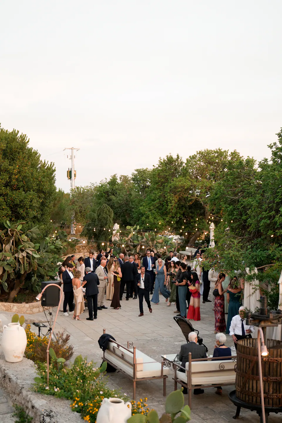 Gli invitati che si riuniscono nel giardino di Tenuta Sant'Elia per l'aperitivo tra gli ulivi.