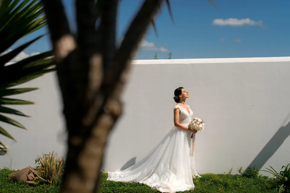 Bride by a white wall with a palm tree in the foreground