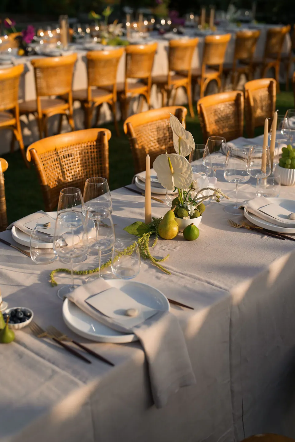 Dinner table set on the lawn with rattan chairs