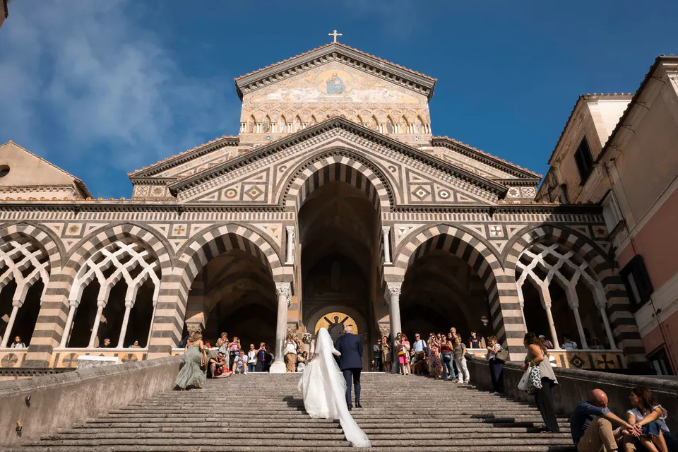 Front view of Amalfi Cathedral’s grand staircase, historic and majestic.