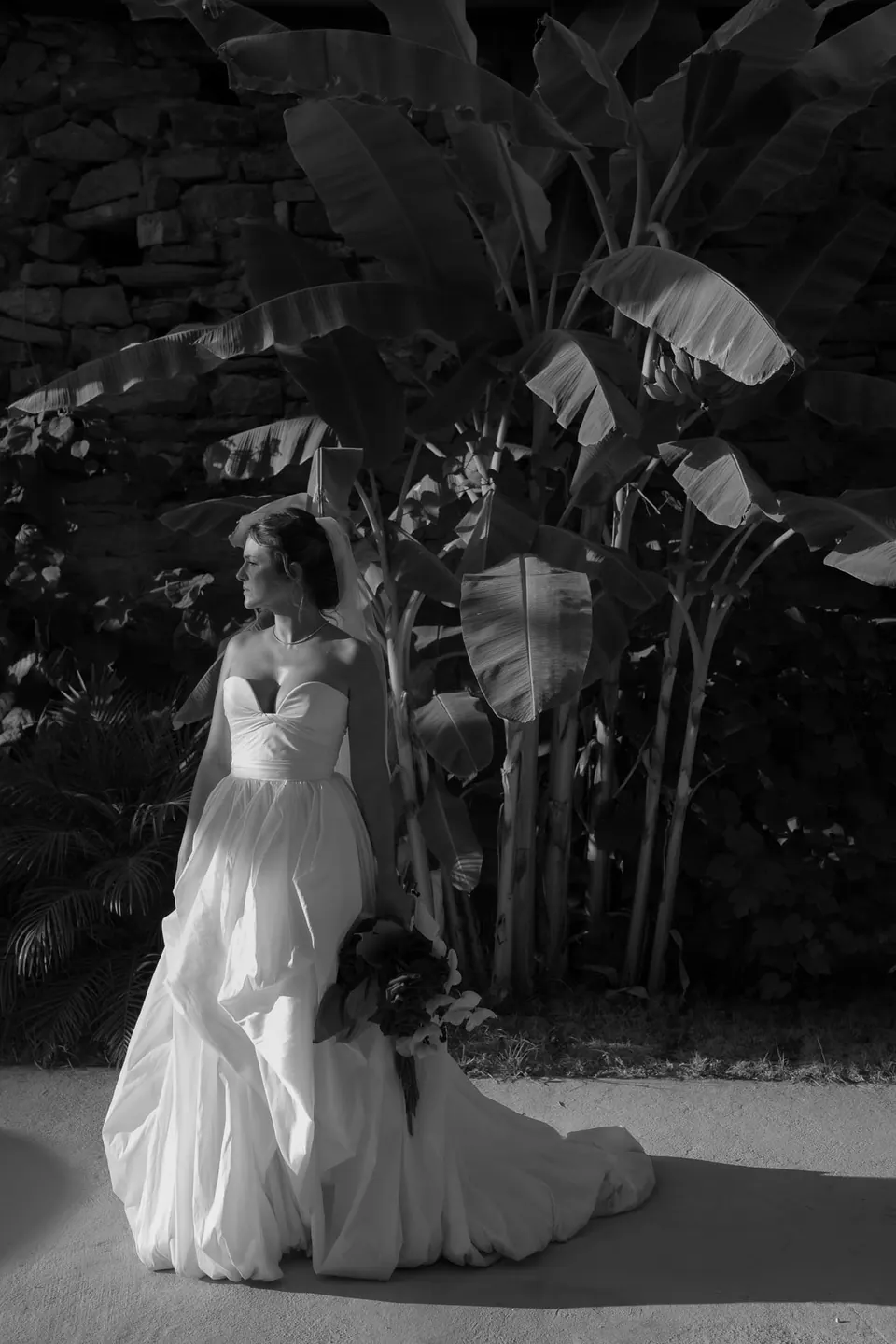 Foto in bianco e nero della sposa seduta tra piante tropicali, lo strascico aperto intorno a lei.