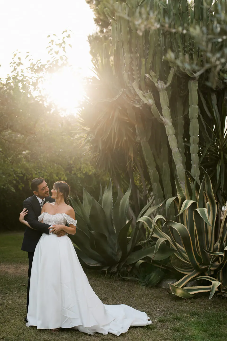 Bride and groom embracing in the garden among cacti, the sun behind them