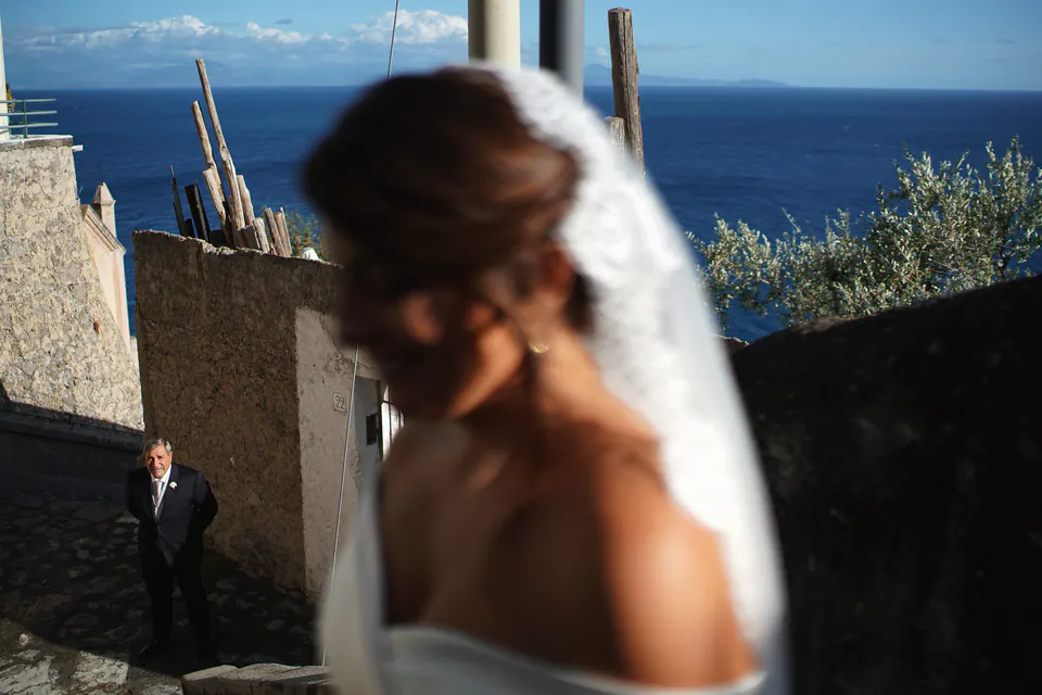 The bride's profile lit by the sun.