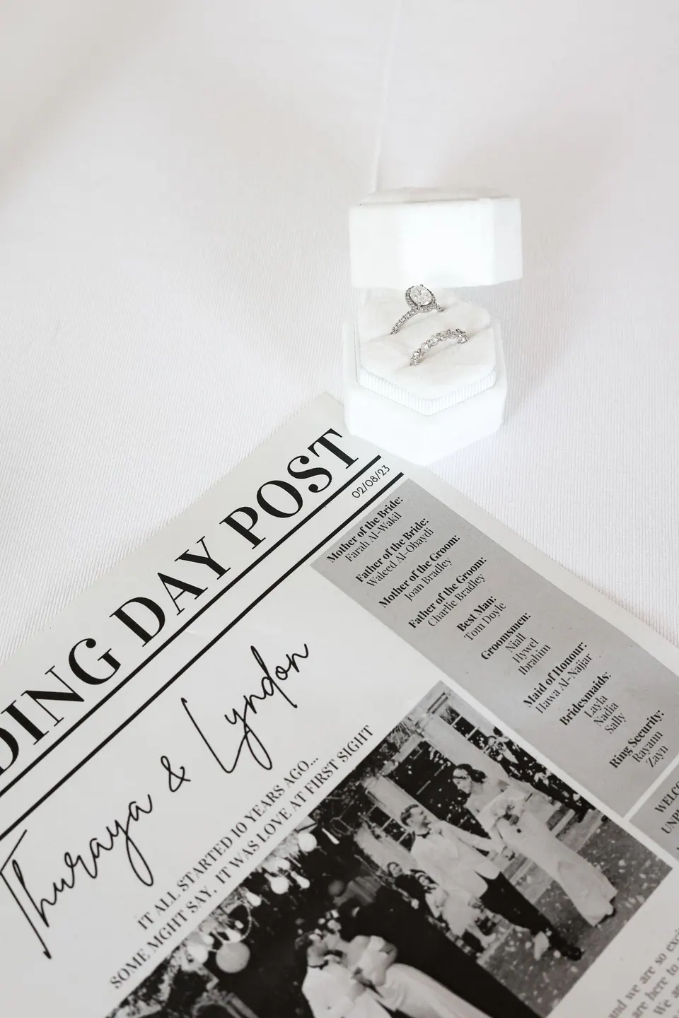 La bague de fiançailles dans un écrin blanc posé sur le Wedding Day Post aux prénoms du couple.