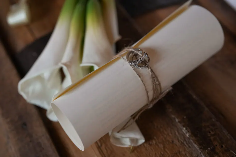 Rolled napkin tied with a ring and a calla lily