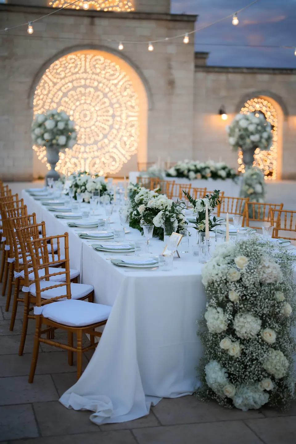Dinner table under the illuminated stone arch at dusk